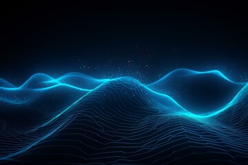Abstract technology background with blue neon color and network light effect. Visualization of sound waves. Generative AI