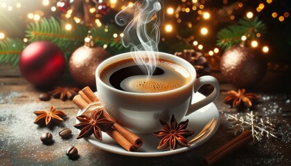 Obraz na płótnie Canvas Cozy Winter Coffee with Pine Branches and Ornaments