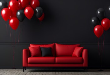 Red sofa and many black and red balloons near black french style wall. Black friday banner design - obrazy, fototapety, plakaty
