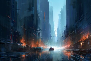An imaginative cityscape artwork depicting a futuristic urban setting. Generative AI