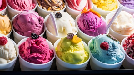 Vibrant display of various types of  ice-cream, frozen confections, created with Generative Ai technology. - obrazy, fototapety, plakaty