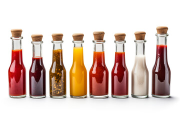 Small bottles of assorted sauces for all types of meals. Hot and flavor sauces in bottles on white background. Spice bottles from sweet to spicy.