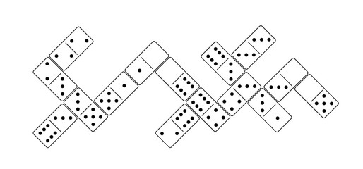 Cartoon domino tiles. Classic dominoes, domino's pictogram. Playing, parts of game full bones tiles. Black, white domino. Flat vector set. 28 pieces. White chip of domino on board for gambling.  - obrazy, fototapety, plakaty