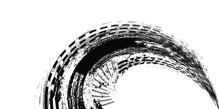 Tire tread marks, wheel textures, tire marks - car racing, motocross, drift, rally, off-road and others. Vector black isolated texture in grunge style with splashes. Black and white monochrome set