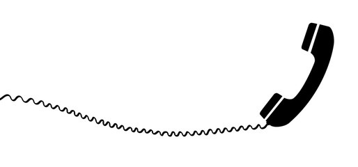 Cartoon old black handset with wire. Retro telephone receivers connected. Hand set phone sign. Phone conversation, call us or contact us concept. Telephone icon. Phone number