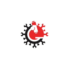 The logo is an image of a microscope, a wrench and the corona virus.