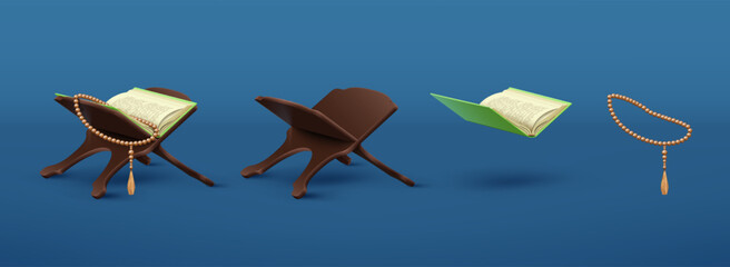 3d Quran. Islam book reading. Ramadan prayer holy element with bead rosary decor. Religious bible on lauh. Eid Mubarak. Islamic namaz. Praying wooden table. Vector render objects set