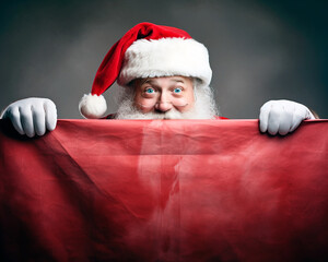 Santa Claus hiding behind a big red sign, holding it.