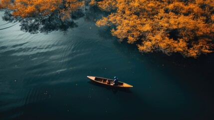 Naklejka premium Autumn Aerial. Serene Lake with Rowing Person and Ample Copy Space