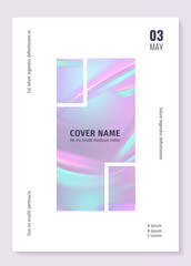 Holographic foil poster. Iridescent rainbow invitation. Purple mesh hologram flyer. Geometric shape and lettering. Abstract cover. Gradient texture. Vector minimal banner design template