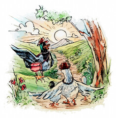 Duck family in the forest. Dad duck says goodbye to mom and son duck, jpeg illustration