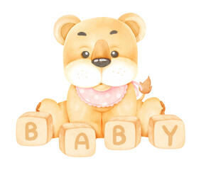 Cute baby girl lion and baby blocks