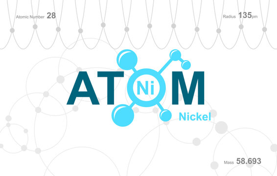 modern logo design for the word "Atom". Atoms belong to the periodic system of atoms. There are atom pathways and letter Ni.