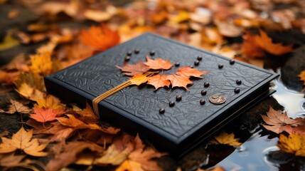 Close-Up of Notebook on Ground with Autumn Maple Leaves Background