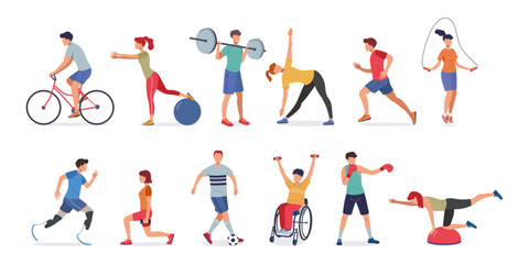 Fototapeta na wymiar Sport exercises. Diverse people team. Athletic jogging. Bodybuilders lifting barbell. Fitness active workout. Disabled persons. Pilates training with ball. Vector isolated athletes set