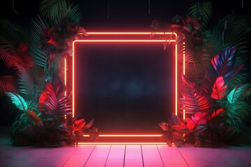Futuristic backdrop featuring vibrant tropical plants surrounded by a square-shaped neon frame. Generative AI