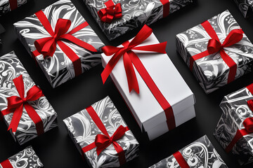 white christmas boxes with red ribbon and bow on black background with copy space for text. black Friday and Cyber MonDay festival event.AI generated