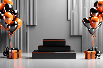 3d rendering illustration Mockup podium stage Minimal Celebrate Gift Box and orange ribbin and balloons Abstract Background.AI generated