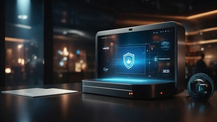 3D rendering of a virtual display with a security icon that a user selects to protect their sensitive data 