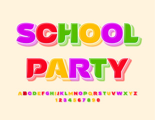 Vector bright invitation School Party. Colorful 3D Font for Kids. Modern Alphabet Letters and Numbers set