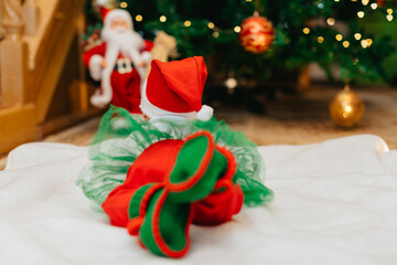 A little newborn baby in Christmas elf clothes is lying on stomach on a white blanket near a...
