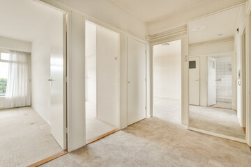 an empty room with white walls and mirrors on the wall, there is no one in it to be seen