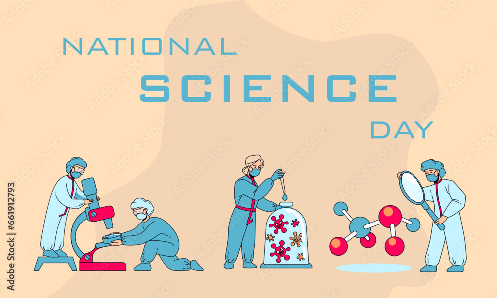 Poster national science day. scientist research. laboratory tests and experiments. scientific workers study