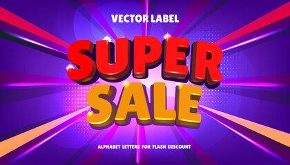 Super sale. Discount banner design. 3D text font effect. Typography alphabet style for special offer. Word typeface with shiny flashes. Retail promotion poster. Vector shopping background