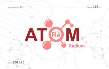 modern logo design for the word "Atom". Atoms belong to the periodic system of atoms. There are atom pathways and letter Ra.