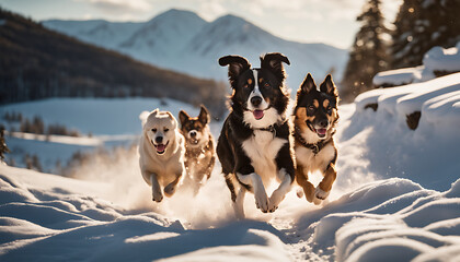 a group of dogs running through the snow