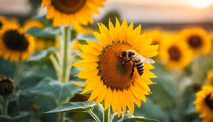 A bee collecting nectar from a sunflower, pollinating the blooms in the process