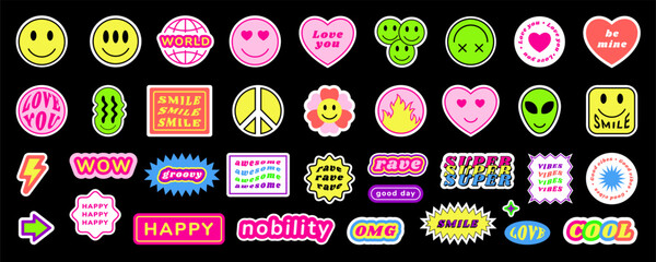 Y2K stickers. Cute smile icons. Retro emoji elements. 90s cool groovy flower. Trendy fire symbol. Alien smiley. Rave vibes. Awesome and happy. Funny word labels. Vector graphic shapes set