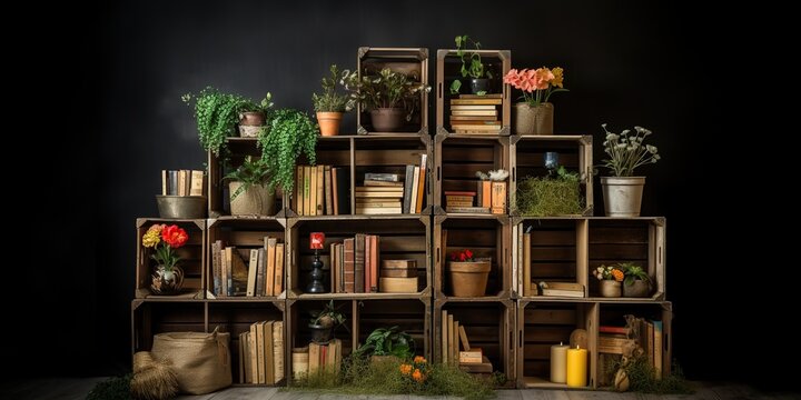 Old wooden crates stacked together and used as an innovative display shelf, concept of Vintage storage