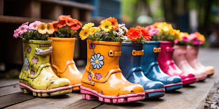 Brightly painted, rain boots used as flowers pots, concept of Vibrant repurposing