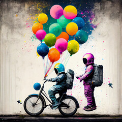 astronauts and kids with colourful balloons and bicycles, created with generative ai