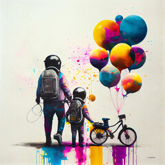astronaut and kid with colourful balloons and bicycles, created with generative ai