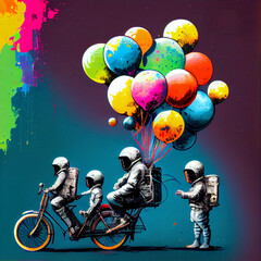 astronauts and kids with colourful balloons and bicycles, created with generative ai