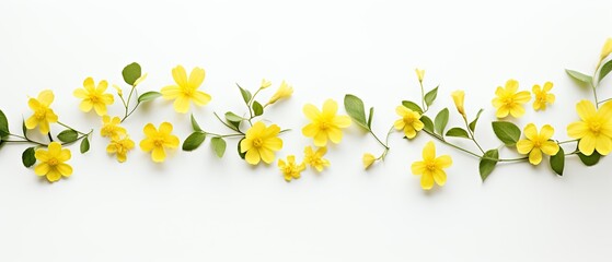 Naklejka na ściany i meble A graceful flat lay of little yellow flowers, captured from above, whispering of spring, against a gentle, light background, providing a fresh and airy canvas with a serene empty space.
