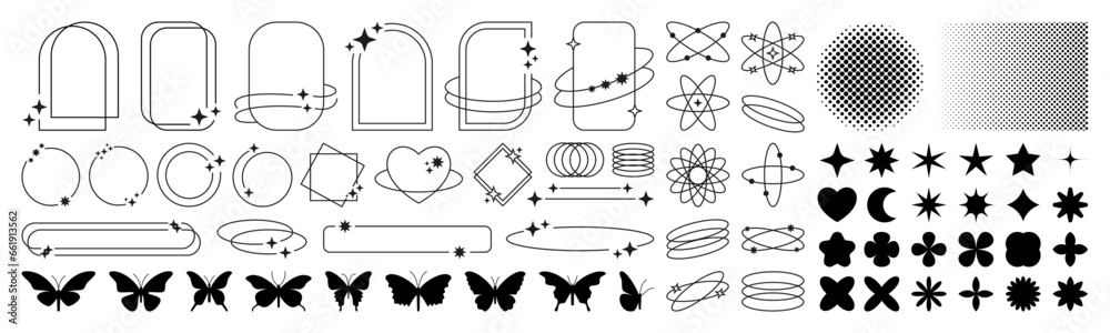 Poster Sparkle elements. Aesthetic line frames. Digital shape symbols. Trendy 90s border. Simple icons for packaging design. Black silhouette butterfly. Half tone figures. Vector signs set