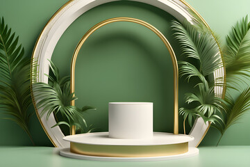 3d rendering illustration of a white product luxury podium with green tropical palm leaves AI generated