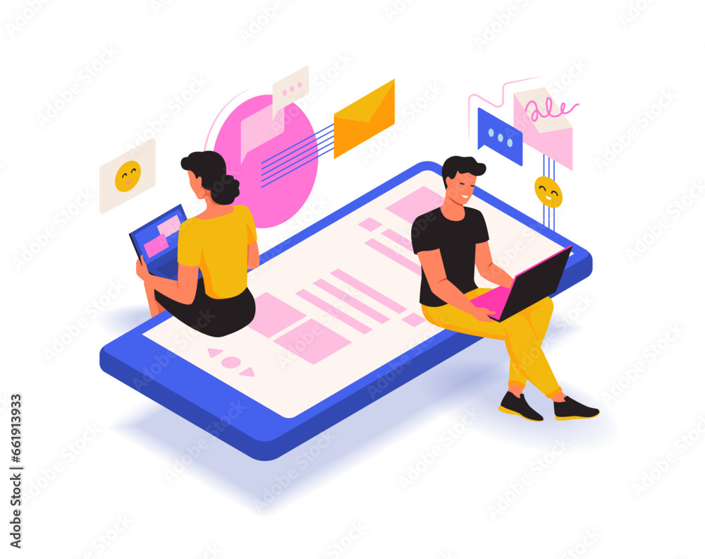 Leinwandbilder social media. mobile internet chat. network in phone. digital smartphone app. couple online communic