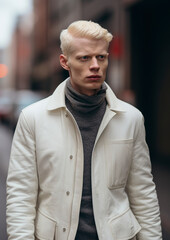 Obraz premium A handsome albino man radiating confidence in his uniqueness on a busy street. Albino man challenges conventional aesthetic standards with elegance.