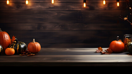 Wooden table top for product display on Halloween theme with pumpkins - obrazy, fototapety, plakaty