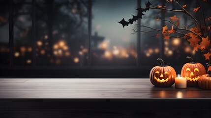 Wooden table top for product display on Halloween theme with pumpkins