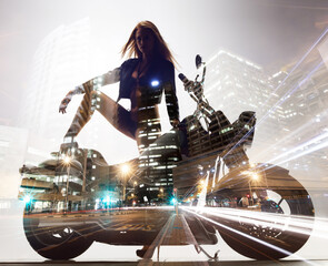 Woman in leather jacket, lingerie and motorcycle on double exposure in the city. Motorbike, bikini and model in urban town for freedom to travel, journey and sexy portrait of body for fashion style © ArcursJointTeam/peopleimages.com
