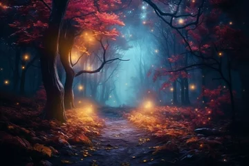 Rolgordijnen Sprookjesbos Vibrant autumn woods with breathtaking foliage, glowing lights, fog, and flying particles, creating a magical dark fairytale forest at night. Generative AI