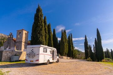 Zaton Doli, Croatia - January 26 2023 - Campervan parked at  the Zaton Doli Cemetery.(Groblje Zaton...