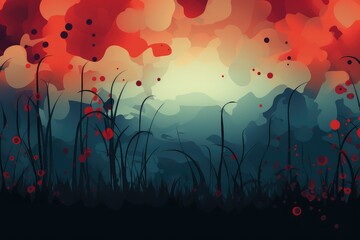 Abstract nature background with grass and flowers. Abstract blue and red background to remember all victims of war. 