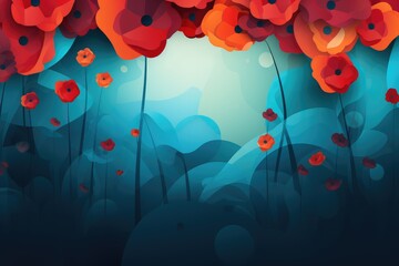 Background with red poppies and blue sky. Abstract blue and red background with poppies to remember all victims of war. 