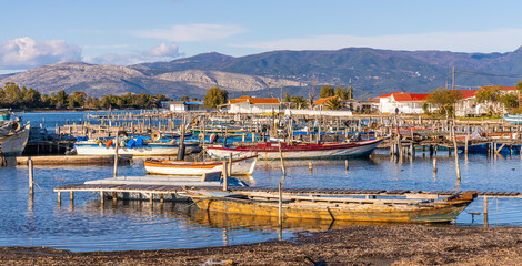 Messolonghi, Greece - 3 february 2023 - Harbour packed with fishing boats ready to sail out in the...